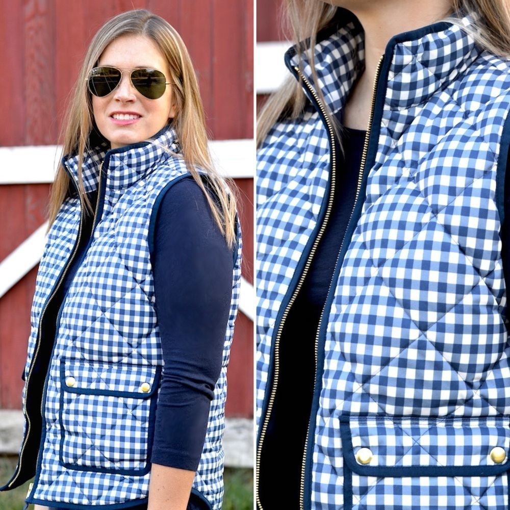 J.Crew Navy Blue & White Gingham Buffalo Plaid Quilted Puffer Vest Women Size XS
